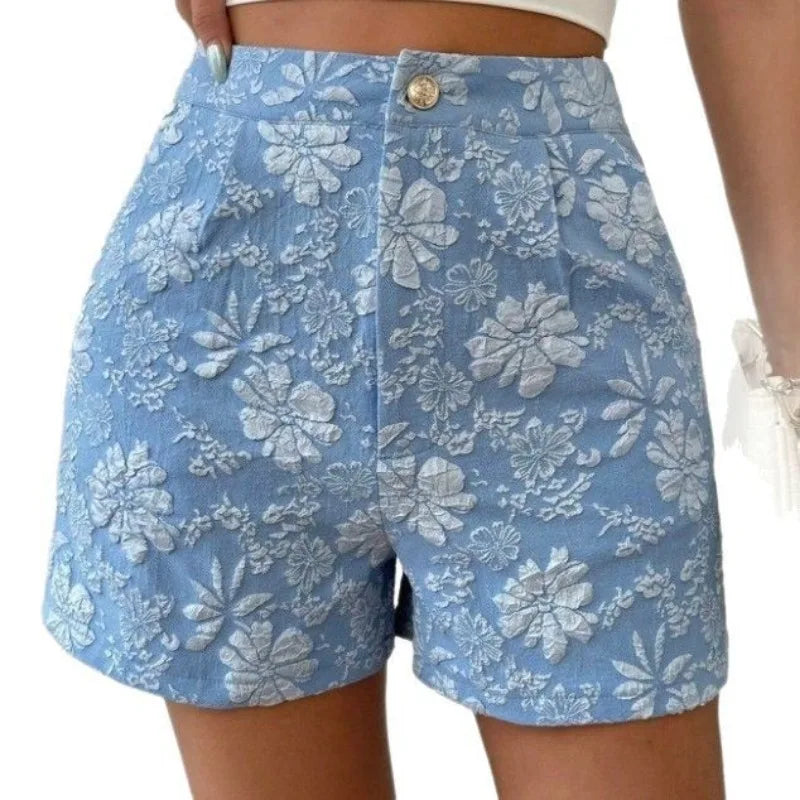 Women's Retro Jacquard High Waist Straight Shorts Summer Breath...