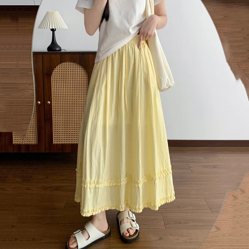 Summer Solid Color Ruffles Long Skirts Women Comfortable Elastic Waist Sweet Skirt Woman 2026 Korean Ice Silk A Line Midi Skirts