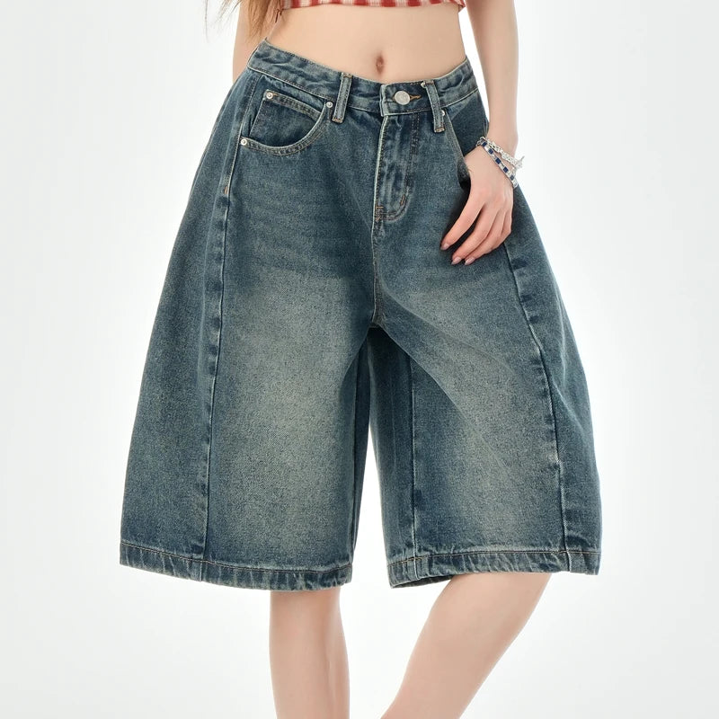 Loose Wide Leg Denim Knee Length Pants Women American Vintage S...