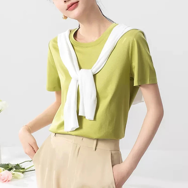 Eesswel Summer Casual Tee Shirts For Women 6% Silk 65% Cotton Women's T-shirt Basic Tees Tops Short Sleeve Solid Woman T shirt