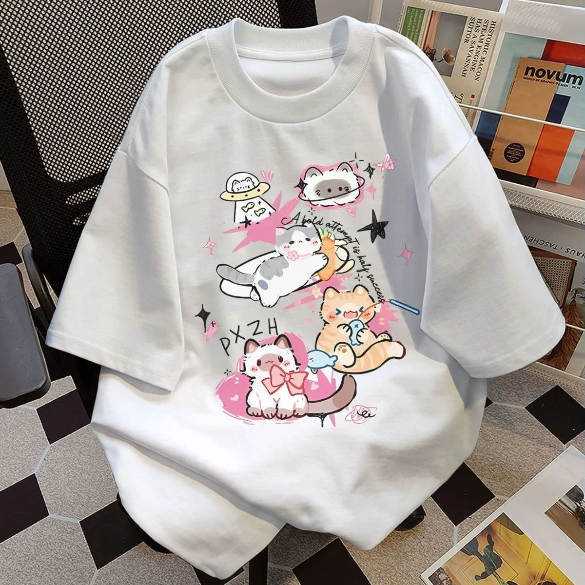 Summer's New Cute Cat Round-neck Short-sleeved Versatile Couple Pure Loose Top Printed Casual T-shirt graphic t shirts women top